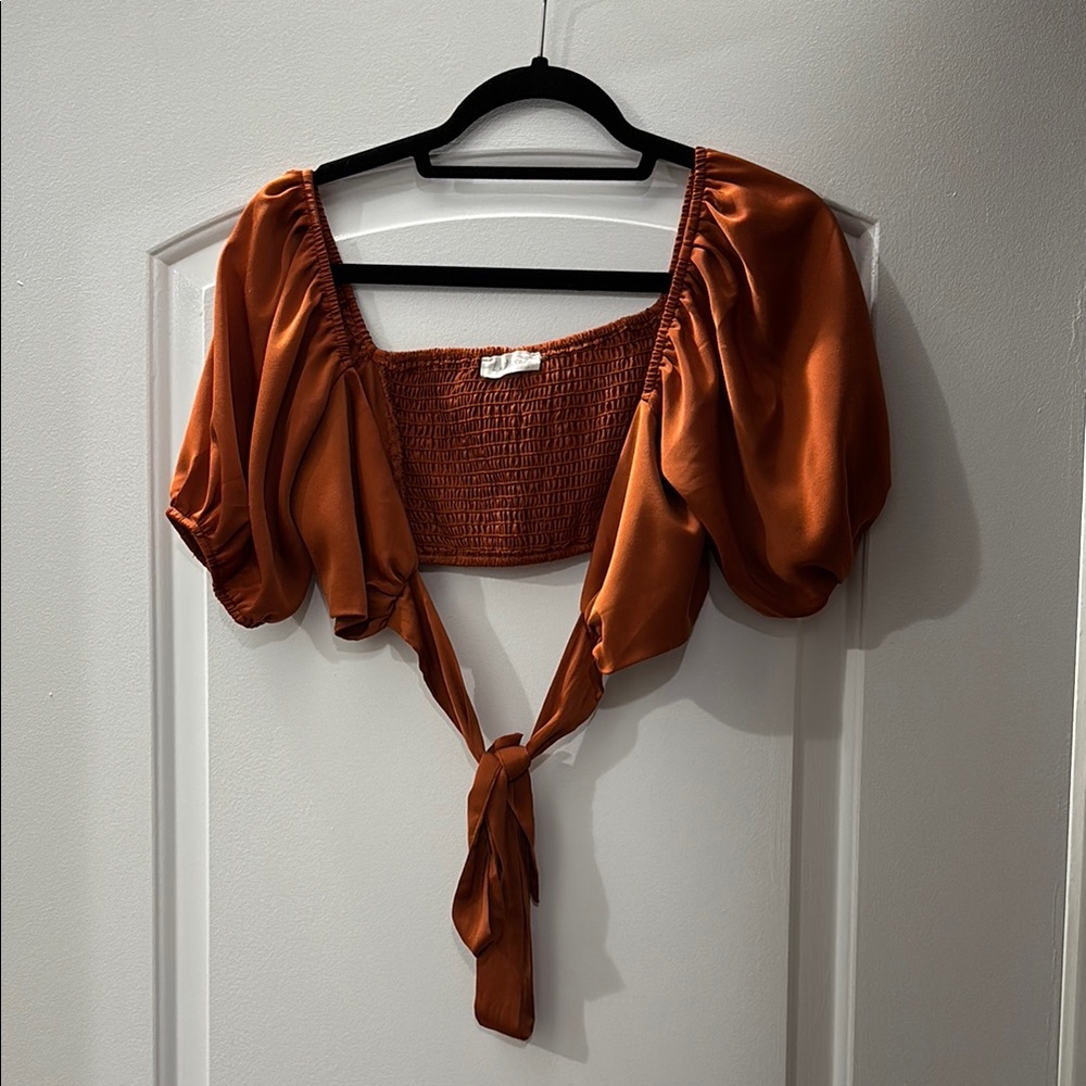 Elegant Rust Puff Sleeve Tie-Front Top